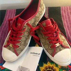 Coach Empire Women's Signature Canvas Sneakers in Khaki with Red Trim